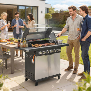 6+1 Burner Gas BBQ Grill, Portable Outdoor Barbecue Trolley with Wheels, Warming Rack, Built-in Thermometer, Side Shelves, Cabinet, Bottle Opener, Lid with Viewing Window, Silver Tone
