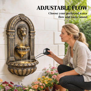 31" Wall-Mounted 3-Tier Outdoor Fountain, Cascading Waterfall Feature with LED Lights and Adjustable Flow, Resin Garden Fountain for Patio Backyard, Rustic Brown
