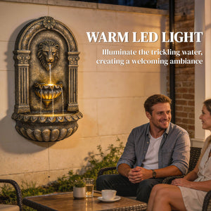 31" Wall-Mounted 3-Tier Outdoor Fountain, Cascading Waterfall Feature with LED Lights and Adjustable Flow, Resin Garden Fountain for Patio Backyard, Rustic Brown