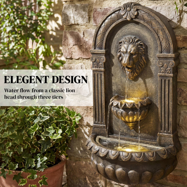 31" Wall-Mounted 3-Tier Outdoor Fountain, Cascading Waterfall Feature with LED Lights and Adjustable Flow, Resin Garden Fountain for Patio Backyard, Rustic Brown