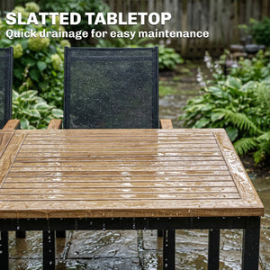7 Piece Outdoor Dining Set, Rectangle Patio Table and 6 Mesh Chairs with Slatted Tabletop, All Weather Outdoor Dining Furniture Set for Backyard, Deck, Garden, Black