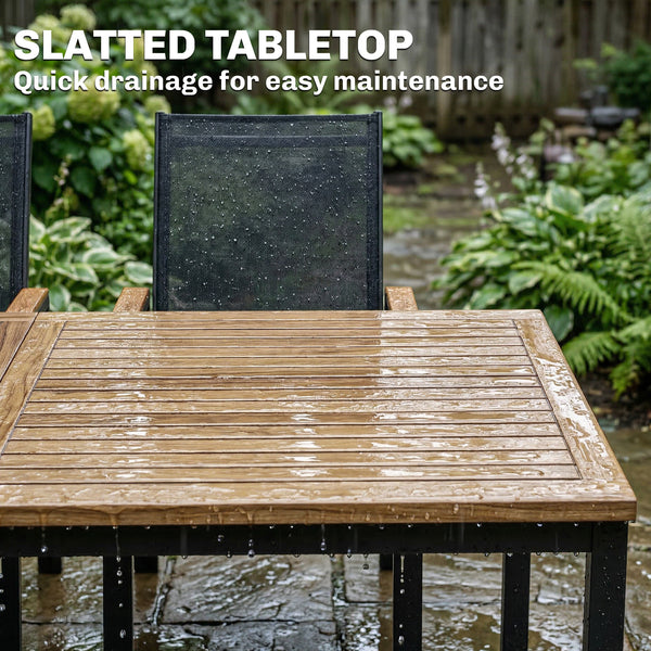 7 Piece Outdoor Dining Set, Rectangle Patio Table and 6 Mesh Chairs with Slatted Tabletop, All Weather Outdoor Dining Furniture Set for Backyard, Deck, Garden, Black