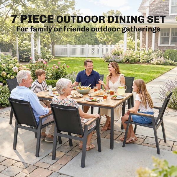 7 Piece Outdoor Dining Set, Rectangle Patio Table and 6 Mesh Chairs with Slatted Tabletop, All Weather Outdoor Dining Furniture Set for Backyard, Deck, Garden, Black