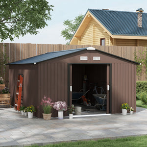 Outsunny 11' x 13' Outdoor Storage Shed, Garden Tool Metal Shed with Foundation Kit, Double Lockable Door, Air Vents and Sloping Roof, for Backyard, Patio, Lawn, Brown