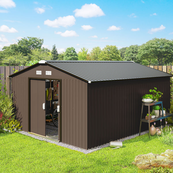 11' x 13' Garden Storage Shed with Foundation Kit, Metal Tool Storage House with Double Doors for Outdoor Patio Yard, Brown