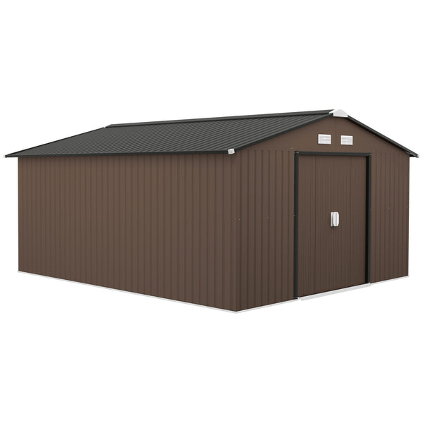 Outsunny 11' x 13' Outdoor Storage Shed, Garden Tool Metal Shed with Foundation Kit, Double Lockable Door, Air Vents and Sloping Roof, for Backyard, Patio, Lawn, Brown