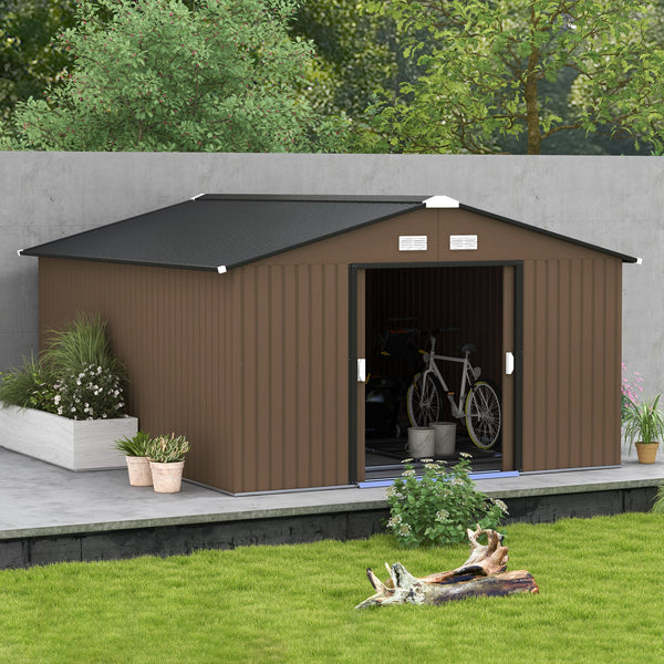 Outsunny 11' x 13' Outdoor Storage Shed, Garden Tool Metal Shed with Foundation Kit, Double Lockable Door, Air Vents and Sloping Roof, for Backyard, Patio, Lawn, Brown