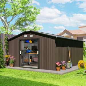 11' x 13' Garden Storage Shed with Foundation Kit, Metal Tool Storage House with Double Doors for Outdoor Patio Yard, Brown