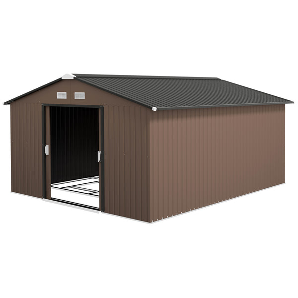 Outsunny 11' x 13' Outdoor Storage Shed, Garden Tool Metal Shed with Foundation Kit, Double Lockable Door, Air Vents and Sloping Roof, for Backyard, Patio, Lawn, Brown