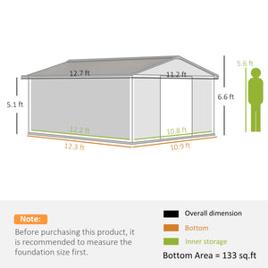 Outsunny 11' x 13' Outdoor Storage Shed, Garden Tool Metal Shed with Foundation Kit, Double Lockable Door, Air Vents and Sloping Roof, for Backyard, Patio, Lawn, Brown