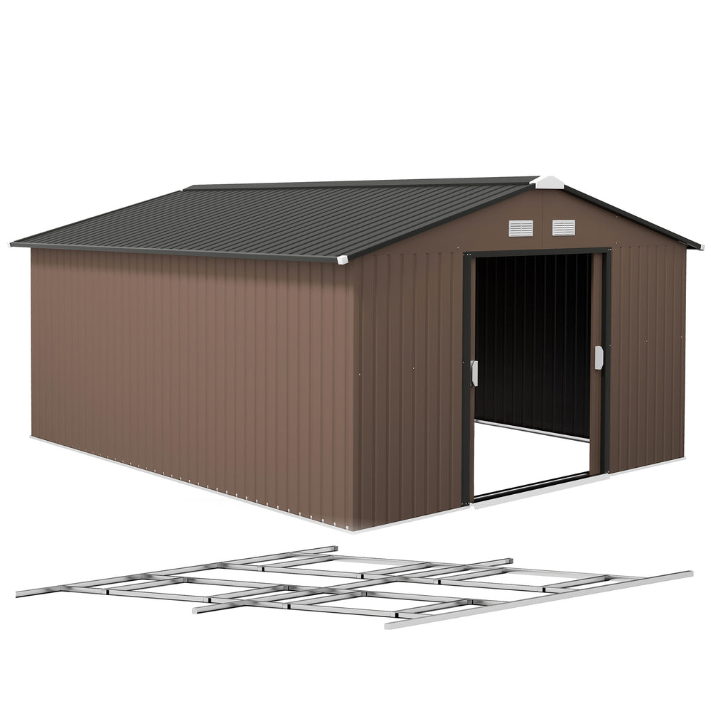 11' x 13' Garden Storage Shed with Foundation Kit, Metal Tool Storage House with Double Doors for Outdoor Patio Yard, Brown