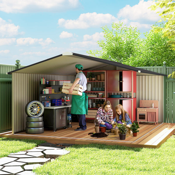11' x 13' Garden Storage Shed with Foundation Kit, Metal Tool Storage House with Double Doors for Outdoor Patio Yard, Brown