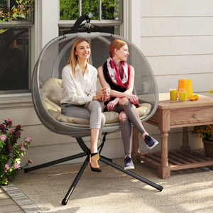 Double Egg Chair with Stand, 2 Person Hanging Swing Egg Chair Outdoor Indoor, 528 LBS Capacity Loveseat Hammock Swing with Cushion, Pockets, Khaki
