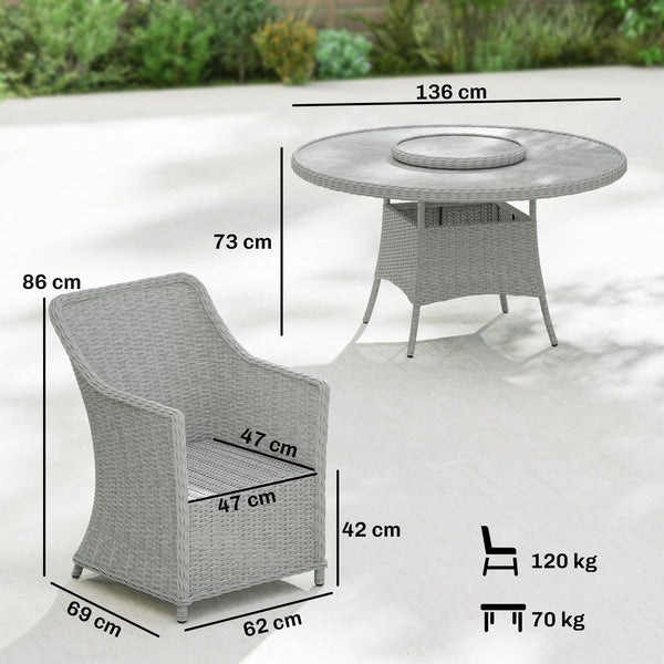 6 Seater Rattan Garden Dining Set with Lazy Susan, Round Garden Table and Chairs with Marble Effect Glass Table, Cushions and Pillows, Aluminium Frame Outdoor Furniture Set for Patio, Grey