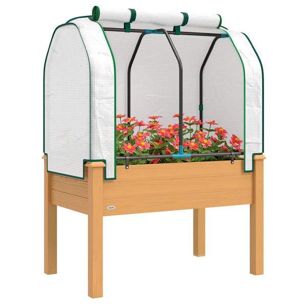 Raised Garden Bed with PE Greenhouse Cover Outdoor Elevated Wood Planter Box for Herbs and Vegetables, Use for Patio, Backyard, Balcony, 35 x 22 x 47 inch, Sand