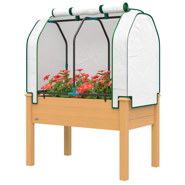 Raised Garden Bed with PE Greenhouse Cover Outdoor Elevated Wood Planter Box for Herbs and Vegetables, Use for Patio, Backyard, Balcony, 35 x 22 x 47 inch, Sand