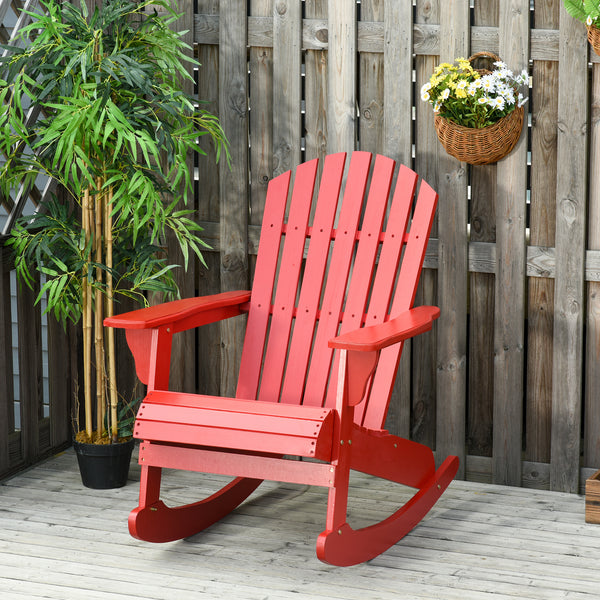 Outsunny Wooden Adirondack Rocking Chair Outdoor Lounge Chair Fire Pit Seating with Slatted Wooden Design, Fanned Back, & Classic Rustic Style for Patio, Backyard, Garden, Lawn, Red