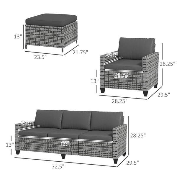 Outsunny 5 Piece Patio Furniture Set with Cushions, Outdoor Conversation Set with Rattan 3-Seater Sofa, Chairs & Footstools for Backyard, Lawn and Pool, Mixed Gray