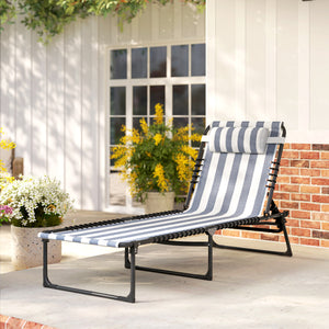 Folding Chaise Lounge Chair, Patio Sun Tanning Chair, Outdoor Chaise Lounger with 4-Position Reclining Back, Breathable Mesh Seat for Beach, Poolside, Yard, Blue and White