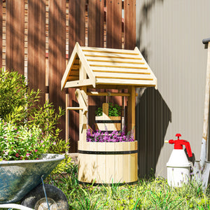 Outsunny Wooden Wishing Well Planter with Adjustable Hanging Bucket, Rustic Wishing Well for Outside, Decorative Flower Planter with Drainage Hole for Garden Patio, Natural Wood