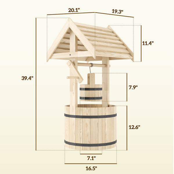 Outsunny Wooden Wishing Well Planter with Adjustable Hanging Bucket, Rustic Wishing Well for Outside, Decorative Flower Planter with Drainage Hole for Garden Patio, Natural Wood