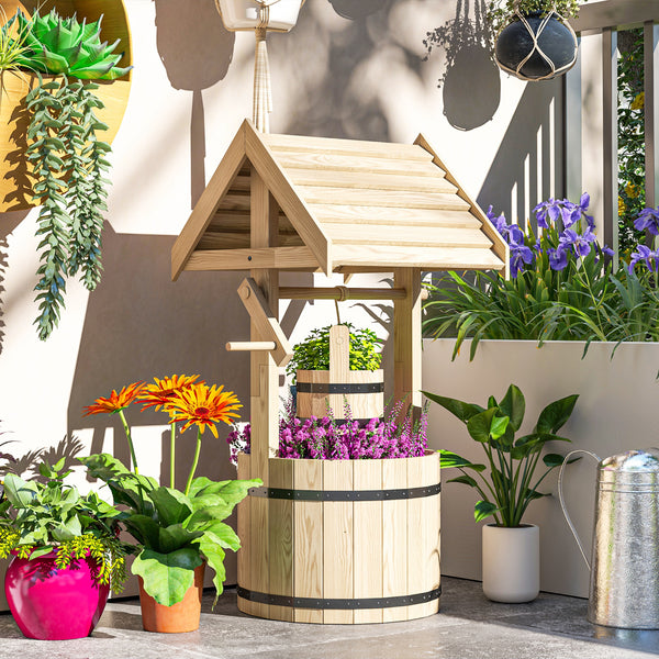 Outsunny Wooden Wishing Well Planter with Adjustable Hanging Bucket, Rustic Wishing Well for Outside, Decorative Flower Planter with Drainage Hole for Garden Patio, Natural Wood