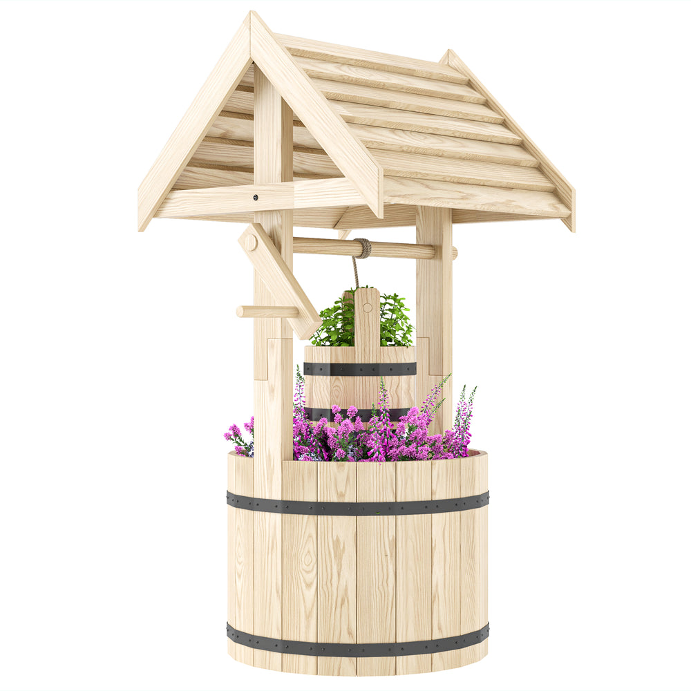 Outsunny Wooden Wishing Well Planter with Adjustable Hanging Bucket, Rustic Wishing Well for Outside, Decorative Flower Planter with Drainage Hole for Garden Patio, Natural Wood