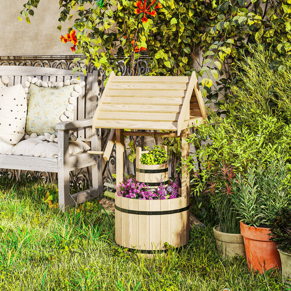 Outsunny Wooden Wishing Well Planter with Adjustable Hanging Bucket, Rustic Wishing Well for Outside, Decorative Flower Planter with Drainage Hole for Garden Patio, Natural Wood