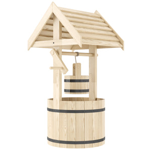 Outsunny Wooden Wishing Well Planter with Adjustable Hanging Bucket, Rustic Wishing Well for Outside, Decorative Flower Planter with Drainage Hole for Garden Patio, Natural Wood