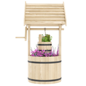 Outsunny Wooden Wishing Well Planter with Adjustable Hanging Bucket, Rustic Wishing Well for Outside, Decorative Flower Planter with Drainage Hole for Garden Patio, Natural Wood