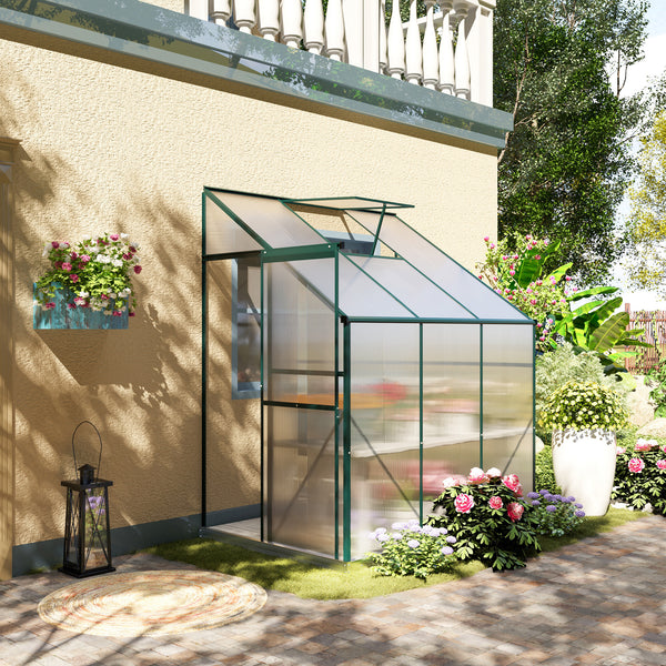 Outsunny 6' x 4' x 7' Hobby Greenhouse, Walk-in Lean-To Polycarbonate Hot House Kit with Aluminum Frame, Sliding Door, Roof Vent, Green