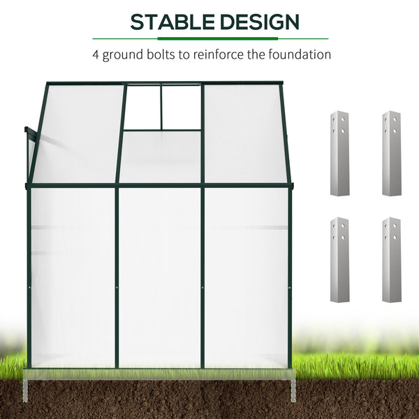 Outsunny 6' x 4' x 7' Hobby Greenhouse, Walk-in Lean-To Polycarbonate Hot House Kit with Aluminum Frame, Sliding Door, Roof Vent, Green