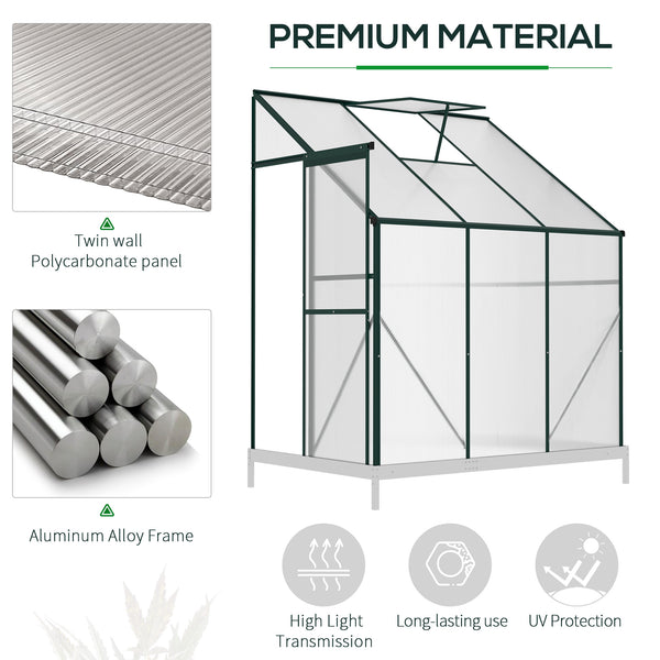 Outsunny 6' x 4' x 7' Hobby Greenhouse, Walk-in Lean-To Polycarbonate Hot House Kit with Aluminum Frame, Sliding Door, Roof Vent, Green