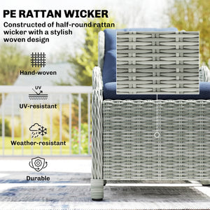 5 Piece Garden Furniture Set, Rattan Reclining Garden Chair Set of 2 with Glass-Top Coffee Table, Footstool and Thickness Cushion for Balcony, Patio, Dark Blue