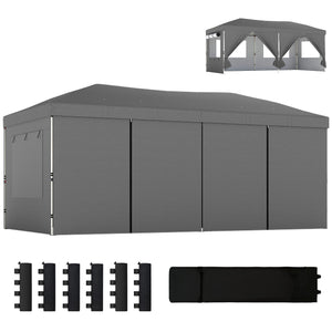 3 x 6 m Pop Up Gazebo with 6 Sidewalls, UPF50+ Outdoor Wedding Party Tent Marquee, Adjustable Height Event Shelter with Wheeled Bag, Sandbags & Stakes, Dark Grey