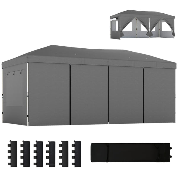 3 x 6 m Pop Up Gazebo with 6 Sidewalls, UPF50+ Outdoor Wedding Party Tent Marquee, Adjustable Height Event Shelter with Wheeled Bag, Sandbags & Stakes, Dark Grey
