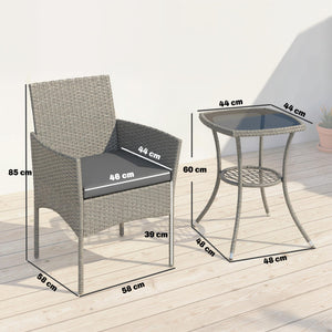 3 Piece Rattan Bistro Set, PE Wicker Garden Furniture Conversation Set, 2 Tier Glass-Top Bistro Table and Chairs for 2 with Cushions for Patio, Balcony, Porch, Dark Grey
