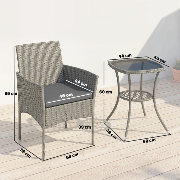 3 Piece Rattan Bistro Set, PE Wicker Garden Furniture Conversation Set, 2 Tier Glass-Top Bistro Table and Chairs for 2 with Cushions for Patio, Balcony, Porch, Dark Grey