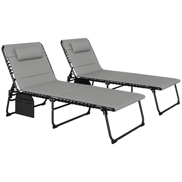 Folding Sun Loungers Set of 2, Recliner Garden Chairs with Quick Drying Pad Headrest Side Pocket, Garden Sun Loungers for Beach Pool, Light Grey