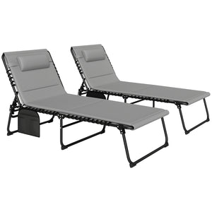 Folding Sun Loungers Set of 2, Recliner Garden Chairs with Quick Drying Pad Headrest Side Pocket, Garden Sun Loungers for Beach Pool, Light Grey
