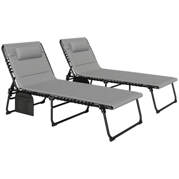 Folding Sun Loungers Set of 2, Recliner Garden Chairs with Quick Drying Pad Headrest Side Pocket, Garden Sun Loungers for Beach Pool, Light Grey