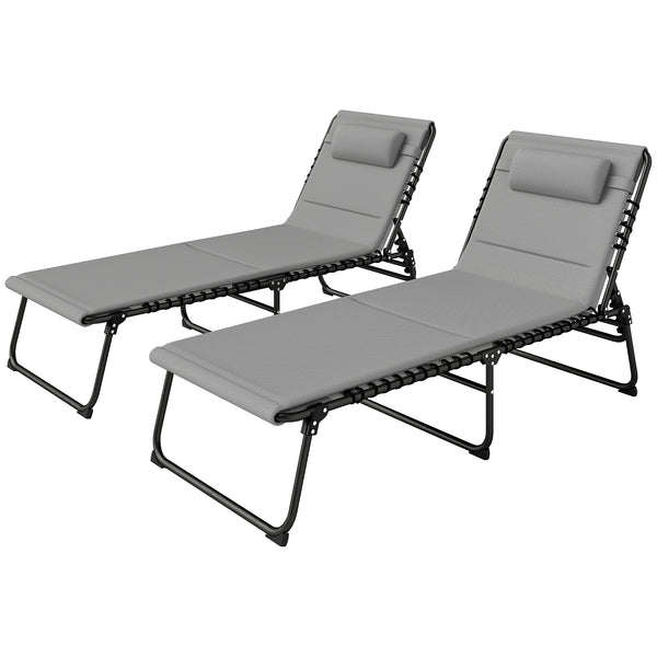 Folding Sun Loungers Set of 2, Recliner Garden Chairs with Quick Drying Pad Headrest Side Pocket, Garden Sun Loungers for Beach Pool, Light Grey