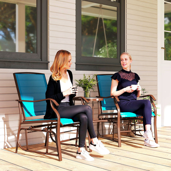 Double Patio Glider Chair with Glass Top Center Table, Outdoor Glider Loveseat with High Back,  All Weather Breathable Mesh Fabric for Garden, Backyard, Deck, Blue