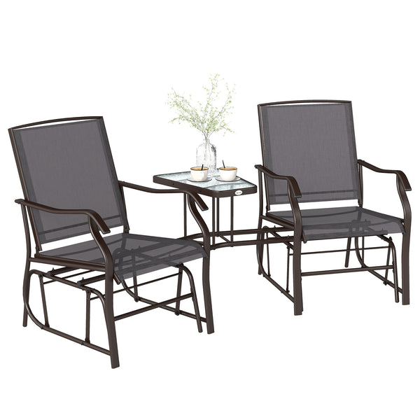 Outdoor Double Glider Rocking Chairs with Glass Top Middle Table, Metal Gliding Love Seat Conversation Furniture with Breathable Mesh Fabric Seat, for Garden, Patio, Grey