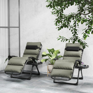 Reclining Zero Gravity Chair with Adjustable Backrest, Folding Garden Sun Lounger with Removable Cushion, Headrest Cup Phone Holder Tray, Set of 2, Grey