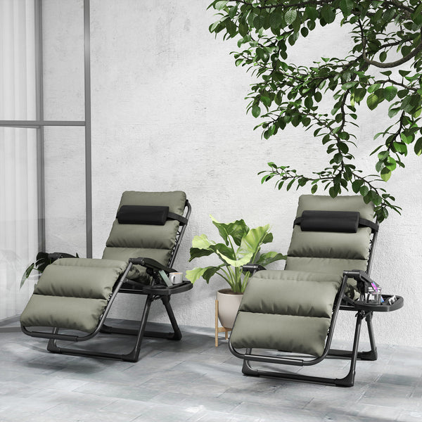 Reclining Zero Gravity Chair with Adjustable Backrest, Folding Garden Sun Lounger with Removable Cushion, Headrest Cup Phone Holder Tray, Set of 2, Grey