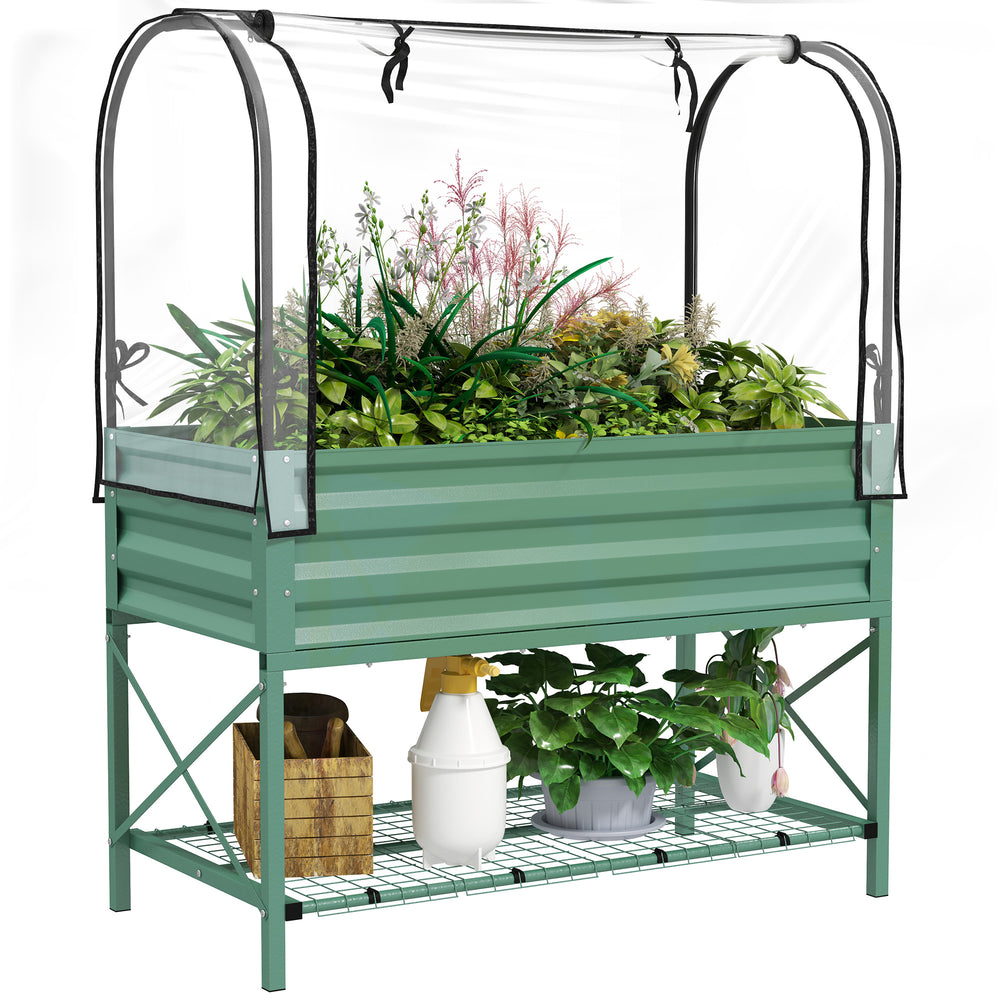 Outsunny Raised Garden Bed with Cover and Storage Shelf, Rectangular Metal Elevated Planter Box with Legs and Bed Liner for Vegetables, Flowers, Herbs, Green