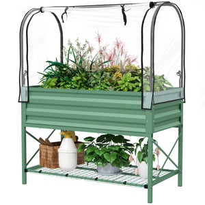 Outsunny Raised Garden Bed with Cover and Storage Shelf, Rectangular Metal Elevated Planter Box with Legs and Bed Liner for Vegetables, Flowers, Herbs, Green