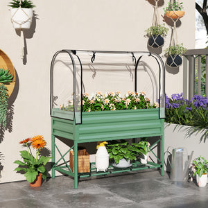 Outsunny Raised Garden Bed with Cover and Storage Shelf, Rectangular Metal Elevated Planter Box with Legs and Bed Liner for Vegetables, Flowers, Herbs, Green