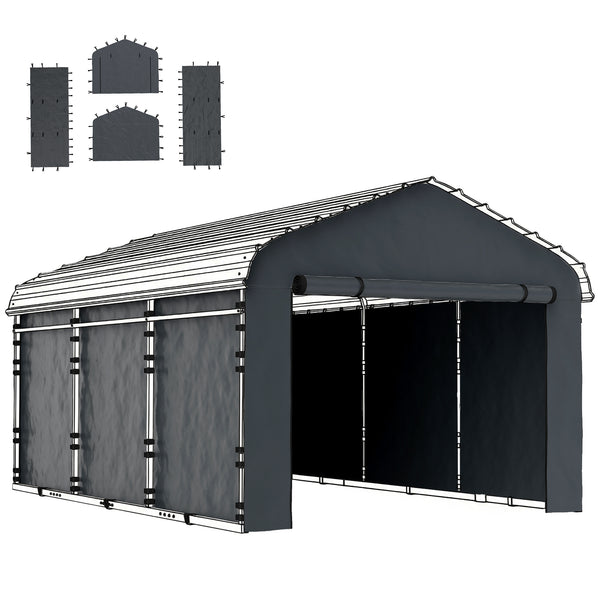 Carport Replacement Canopy Cover Sidewalls for 12' x 20' Carport, UPF50+ Waterproof PE Garage Car Tent Shelter Tarp with Roll up Door, Sidewall ONLY, Dark Grey